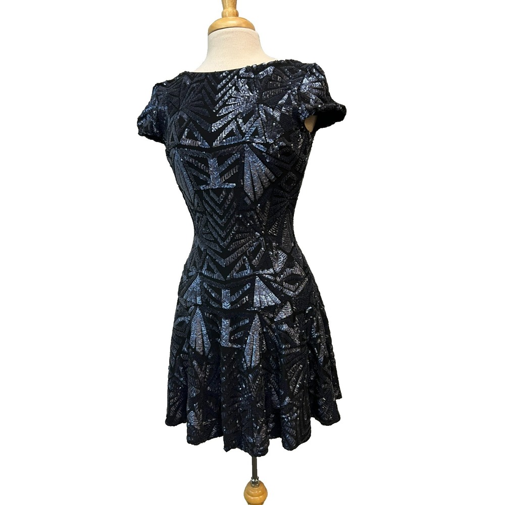 Dress the Population Drop Waist Flare Occasion Dress Navy Blue Sequined  SZ M